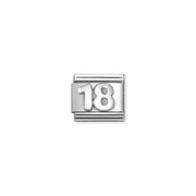Nomination Classic link charm with raised number 18 in sterling silver on stainless steel, vintage oxidised finish