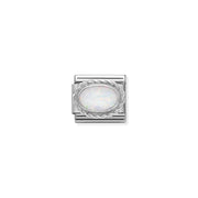 Close-up of Nomination Classic Link with oval white opal (7x5mm) in a sterling-silver rope bezel on stainless steel