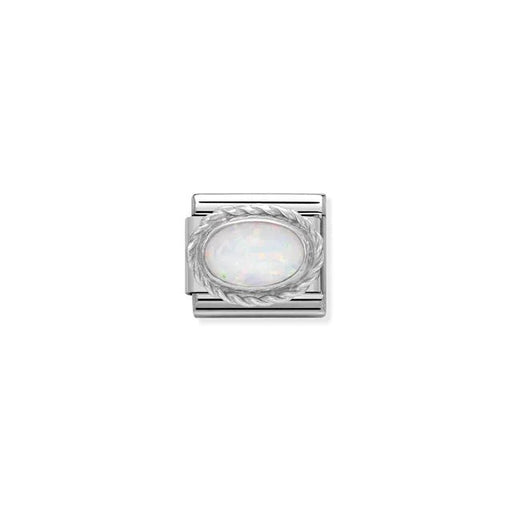Close-up of Nomination Classic Link with oval white opal (7x5mm) in a sterling-silver rope bezel on stainless steel