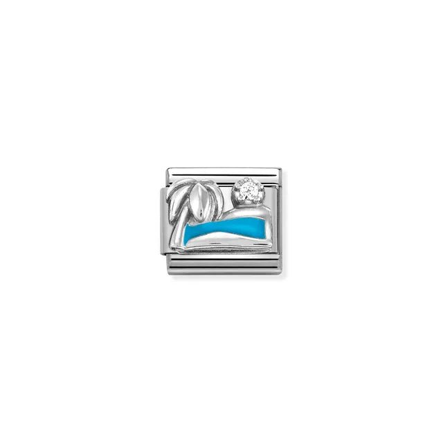 Nomination Palm Beach & Ocean Classic Link charm in stainless steel and sterling silver with blue enamel and white cubic zirconia