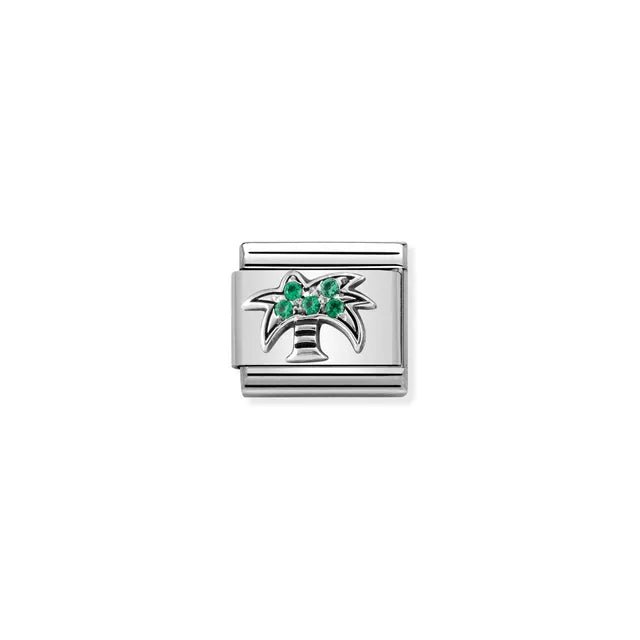 Nomination Classic Link charm with palm tree set with green cubic zirconia in sterling silver on stainless steel, for a Nomination Bracelet