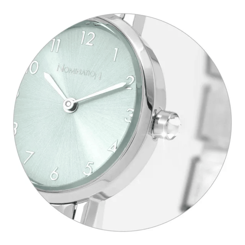 Close-up of sage green sunray dial and cubic zirconia crown on Nomination Paris Oval Watch