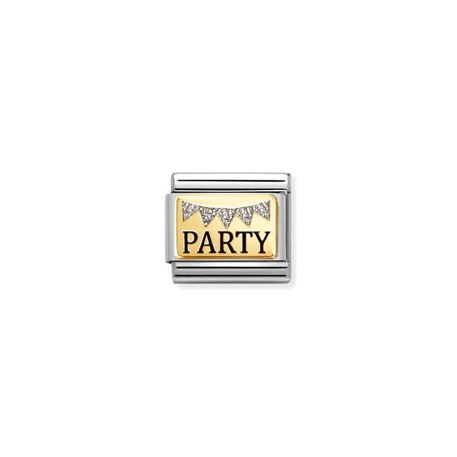 Nomination Classic Link charm with PARTY text and glitter bunting on bonded yellow-gold plate, stainless steel base, for a Nomination Bracelet