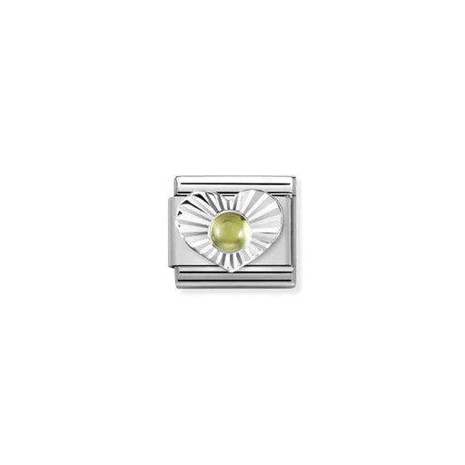 Close-up of Nomination Peridot Heart Classic Link in stainless steel with sterling silver sunburst heart and 3mm green peridot cabochon