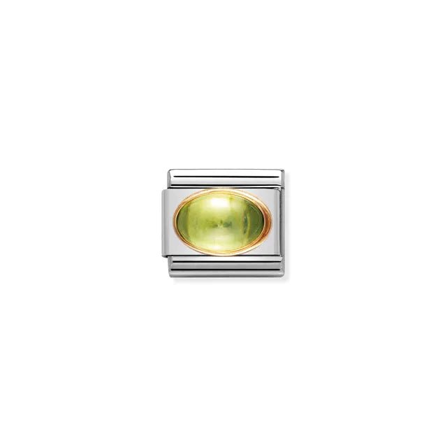 Nomination Classic Peridot Oval Link with yellow-gold bezel on stainless steel, product close-up.