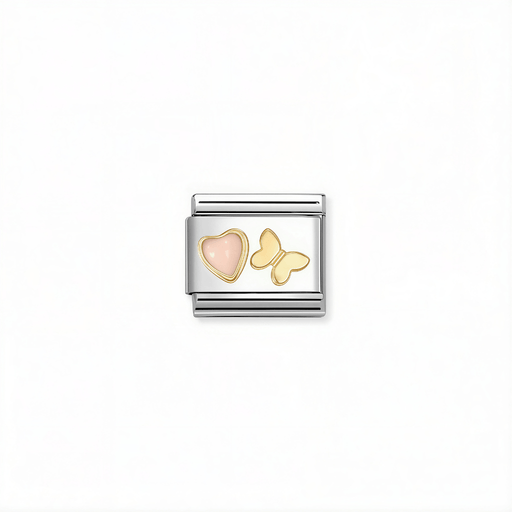 Nomination Pink Coral Heart and Butterfly Charm with 18k gold detail
