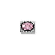 Pink oval cubic zirconia Nomination Classic Link charm in beaded silver, close-up