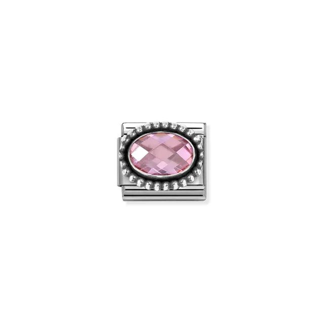 Pink oval cubic zirconia Nomination Classic Link charm in beaded silver, close-up