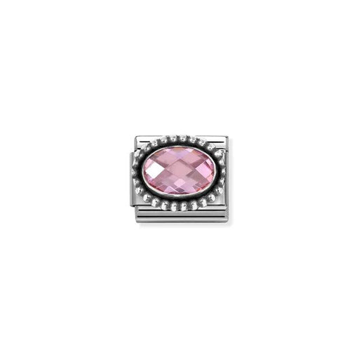 Pink oval cubic zirconia Nomination Classic Link charm in beaded silver, close-up