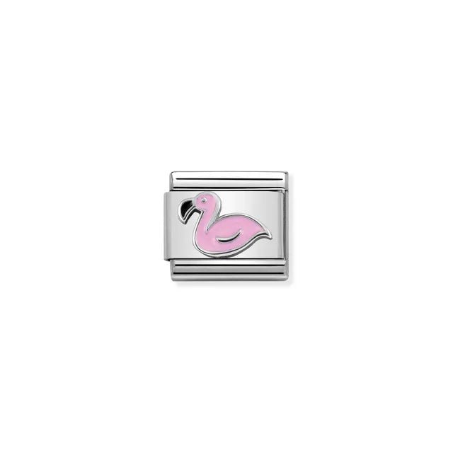Nomination Classic link charm with pink enamel flamingo in sterling silver on stainless steel
