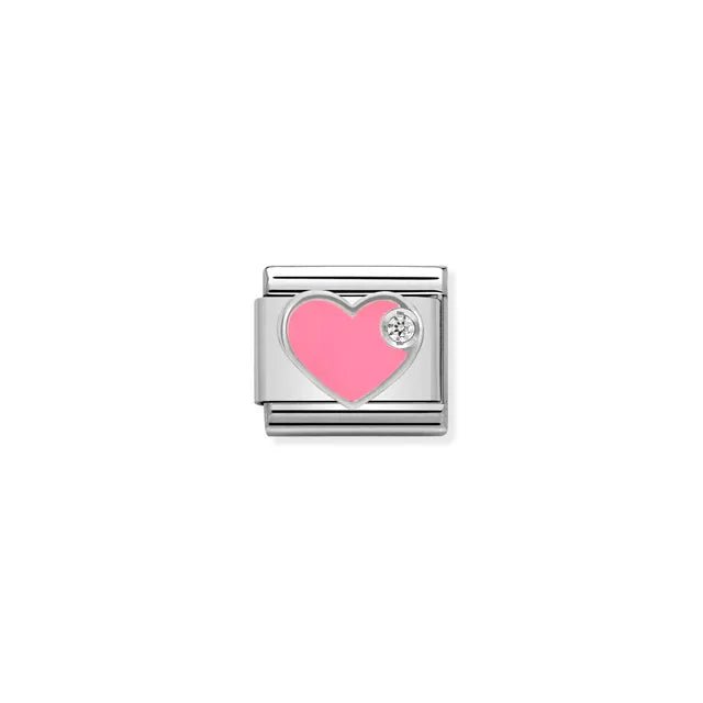 Nomination Pink Heart Classic Link charm in stainless steel and sterling silver with pink enamel and cubic zirconia