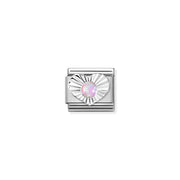 Close-up of Nomination Pink Opal Heart Classic Link in stainless steel with sterling silver sunburst heart and 3mm pink opal cabochon