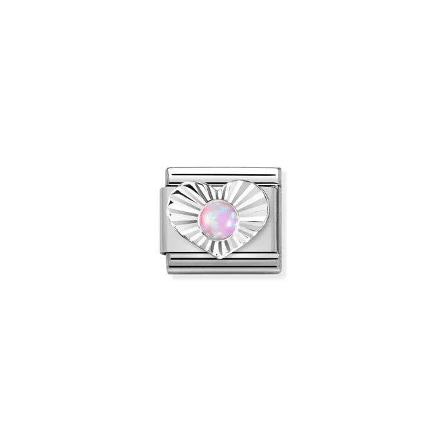 Close-up of Nomination Pink Opal Heart Classic Link in stainless steel with sterling silver sunburst heart and 3mm pink opal cabochon