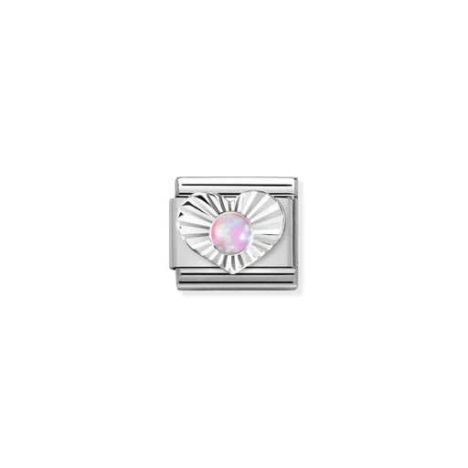 Close-up of Nomination Pink Opal Heart Classic Link in stainless steel with sterling silver sunburst heart and 3mm pink opal cabochon