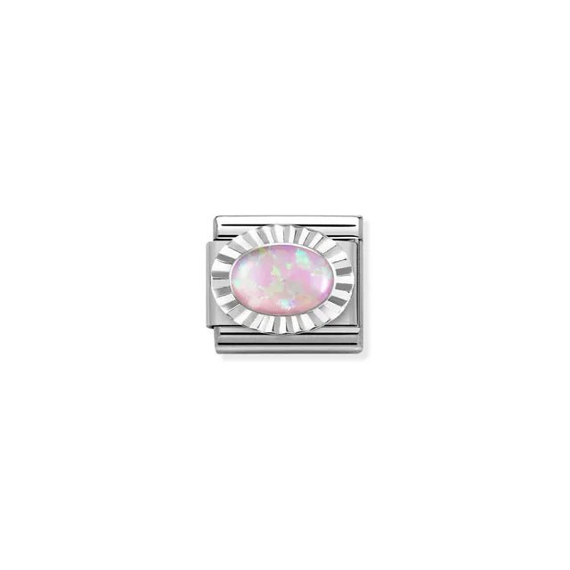 Pink opal oval Nomination Classic Link charm with ridged sterling-silver bezel, close-up
