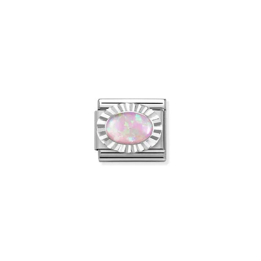 Pink opal oval Nomination Classic Link charm with ridged sterling-silver bezel, close-up