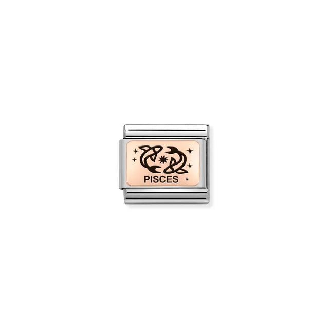 Nomination Classic Link charm with Pisces zodiac symbol in black enamel on bonded rose-gold plate and stainless steel, for a Nomination Bracelet