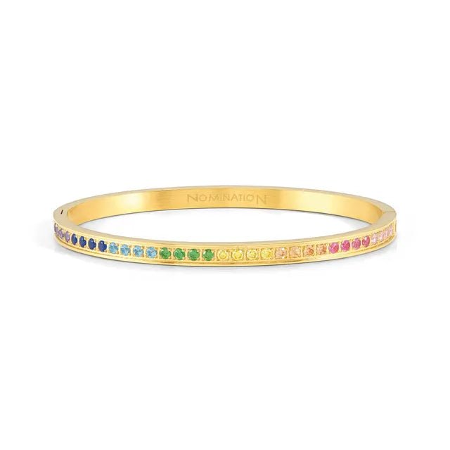 Nomination Pretty Bangles Yellow PVD bracelet with rainbow Cubic Zirconia stones.