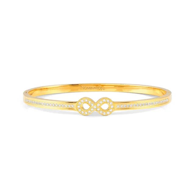 Yellow PVD Nomination Pretty Bangles bracelet with white Cubic Zirconia infinity symbol.