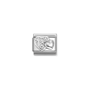Nomination Raised Hearts Classic Composable Link featuring overlapping sterling silver hearts, one decorated with white cubic zirconia.