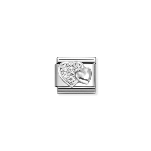 Nomination Raised Hearts Classic Composable Link featuring overlapping sterling silver hearts, one decorated with white cubic zirconia.
