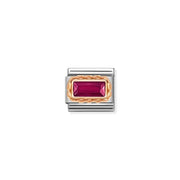 Nomination Classic Link with rectangular red cubic zirconia in ornate rose-gold setting on stainless steel, close-up.