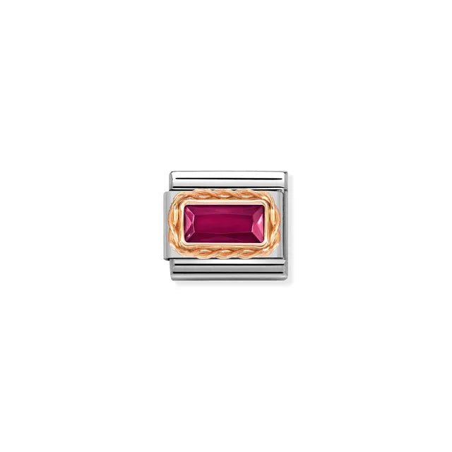 Nomination Classic Link with rectangular red cubic zirconia in ornate rose-gold setting on stainless steel, close-up.