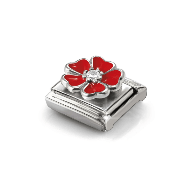 Angled view of Nomination Classic Composable Red Flower Link with five red enamel petals, silver detailing and white cubic zirconia centre.