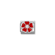 Nomination Red Flower Classic Link in sterling silver and red enamel with sparkling white cubic zirconia at the centre.