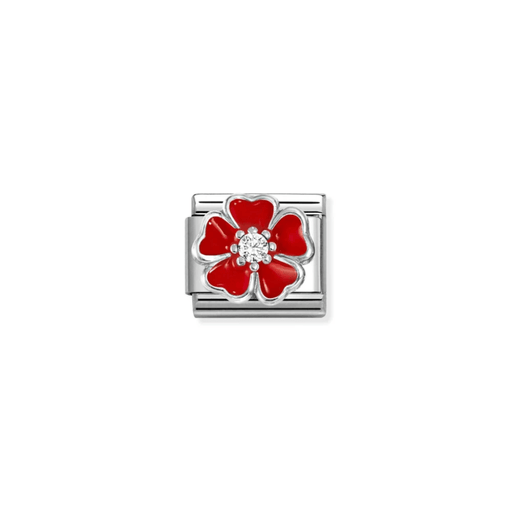 Nomination Red Flower Classic Link in sterling silver and red enamel with sparkling white cubic zirconia at the centre.