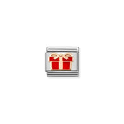 Close-up of Nomination Red Gift Classic Link in stainless steel with bonded rose gold ribbon and red enamel present
