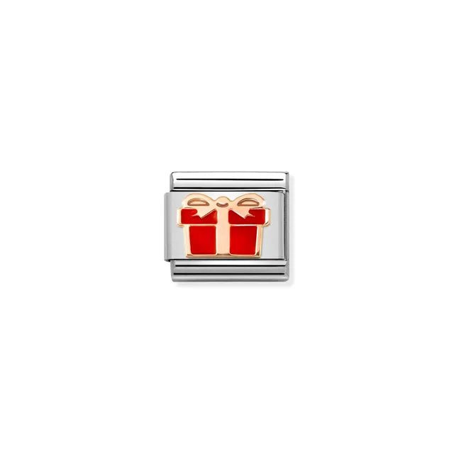 Close-up of Nomination Red Gift Classic Link in stainless steel with bonded rose gold ribbon and red enamel present