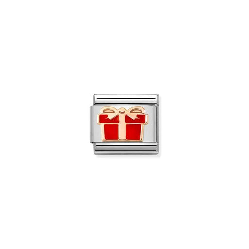 Close-up of Nomination Red Gift Classic Link in stainless steel with bonded rose gold ribbon and red enamel present