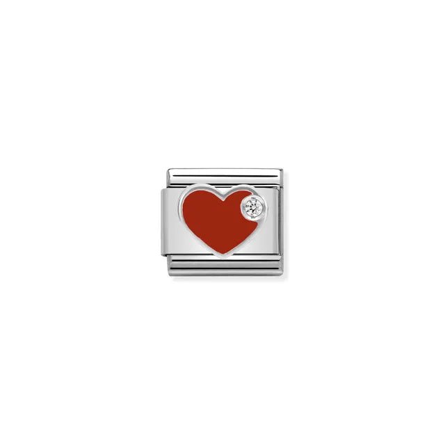 Nomination Red Heart Classic Link charm in stainless steel and sterling silver with red enamel and cubic zirconia