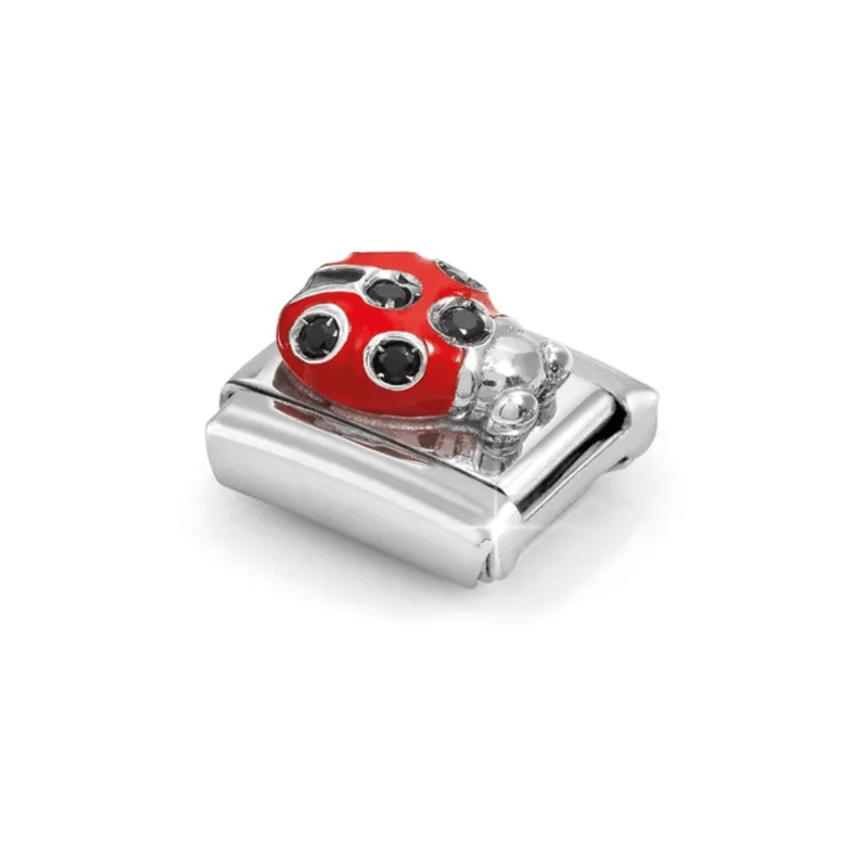 Angled view of Nomination ladybird charm with red enamel and black CZ stones