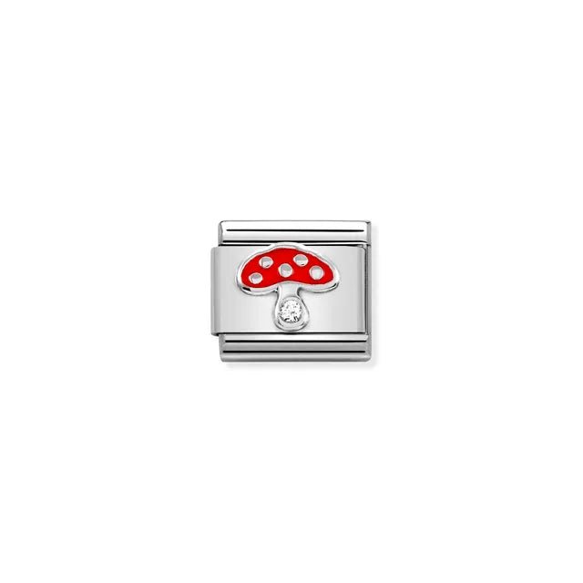 Nomination Classic Link charm with red enamel mushroom and white cubic zirconia on stainless steel, for a Nomination Bracelet