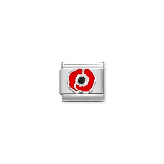 Nomination Red Poppy Classic Link charm in stainless steel and sterling silver with red enamel and black cubic zirconia