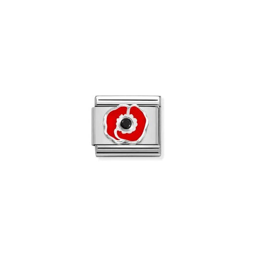Nomination Red Poppy Classic Link charm in stainless steel and sterling silver with red enamel and black cubic zirconia