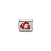 Nomination Red Rose Classic Link charm in stainless steel and sterling silver with red enamel and cubic zirconia