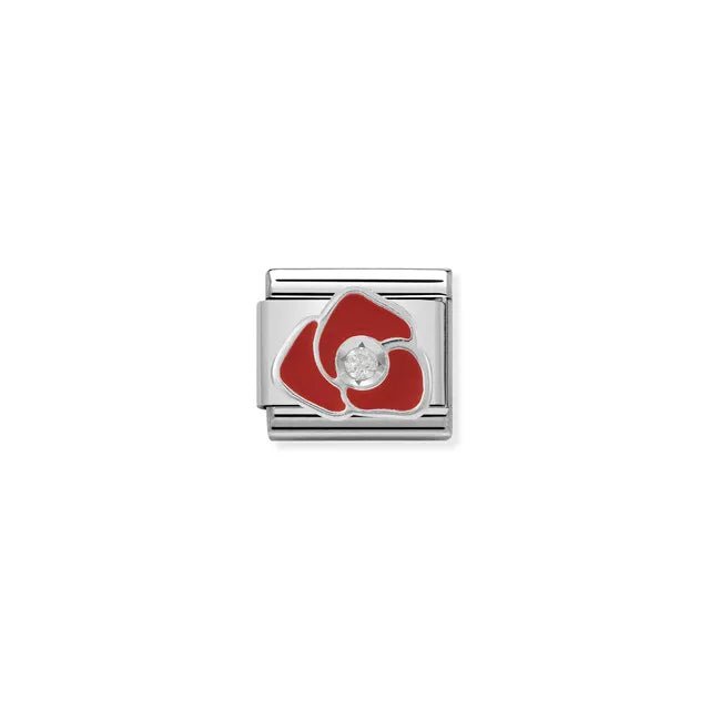 Nomination Red Rose Classic Link charm in stainless steel and sterling silver with red enamel and cubic zirconia