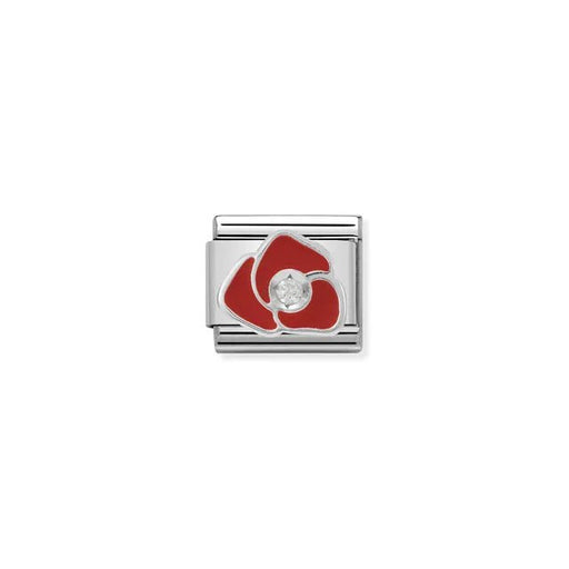 Nomination Red Rose Classic Link charm in stainless steel and sterling silver with red enamel and cubic zirconia