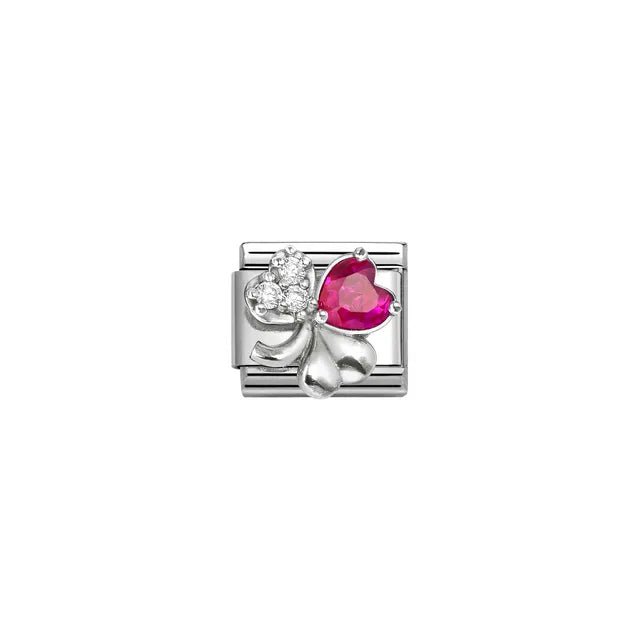 Nomination Classic Link charm with clover featuring red and white cubic zirconia in sterling silver on stainless steel, for a Nomination Bracelet
