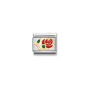 Nomination Classic Link charm with red rose and green leaves in enamel, outlined in yellow gold on stainless steel