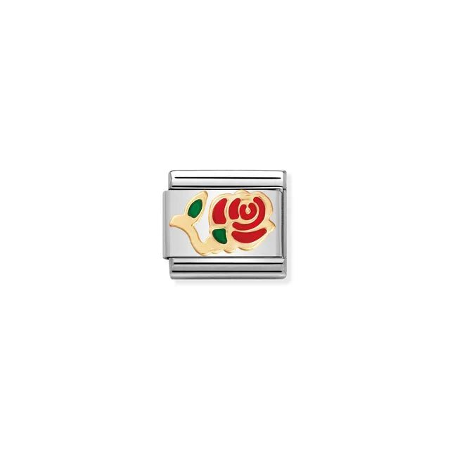 Nomination Classic Link charm with red rose and green leaves in enamel, outlined in yellow gold on stainless steel