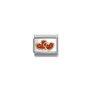 Nomination Red Glitter Double Hearts Classic Composable Link featuring two overlapping 9ct rose-gold hearts filled with sparkling red enamel.