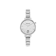 Nomination Time round watch with silver glitter dial, CZ detail and stainless steel Composable strap, front view.