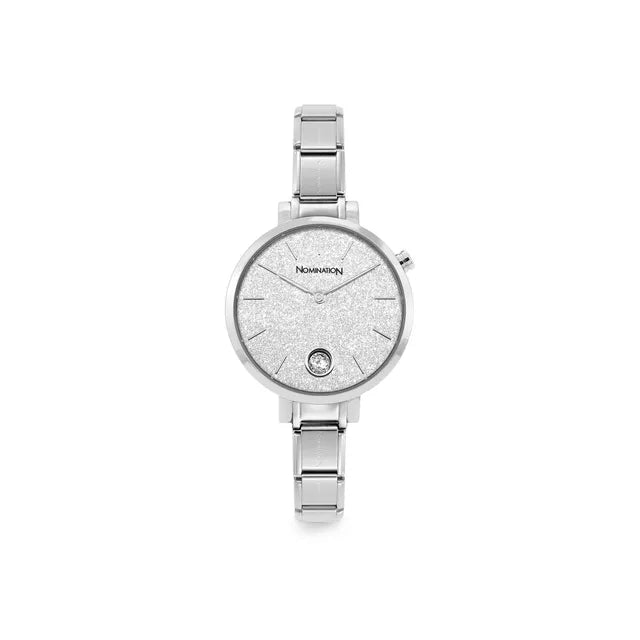 Nomination Time round watch with silver glitter dial, CZ detail and stainless steel Composable strap, front view.