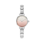 Nomination Time round watch with fade pastel pink sunray dial, gold details and stainless steel Composable strap, front view.
