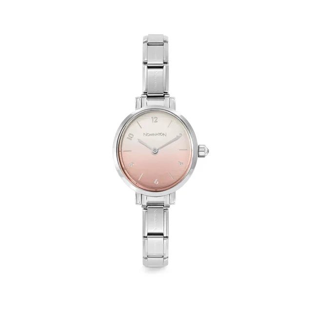 Nomination Time round watch with fade pastel pink sunray dial, gold details and stainless steel Composable strap, front view.
