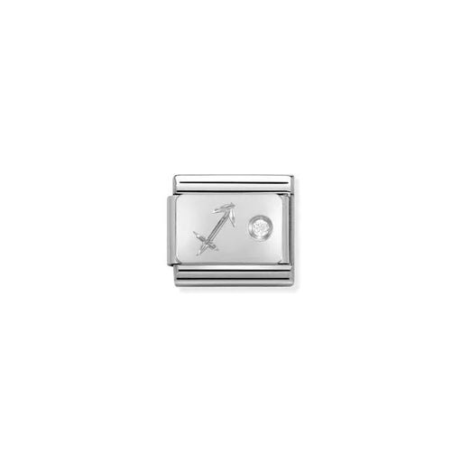 Close-up of Nomination Classic Link Sagittarius zodiac charm in stainless steel with a sterling-silver symbol and white cubic zirconia, for Composable Classic bracelets.